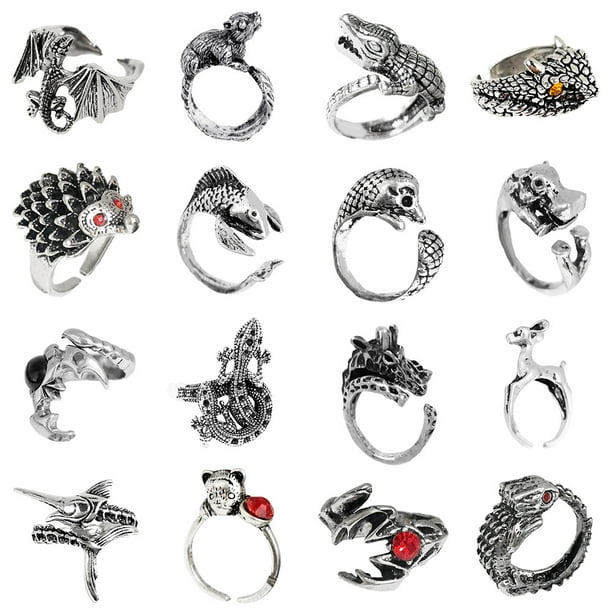 Juego de 16 anillos góticos punk de plata para hombres y mujeres, con diseño de rana, serpiente, mariposa, araña, ojo de animal, ajustable, estilo gótico, apilables.