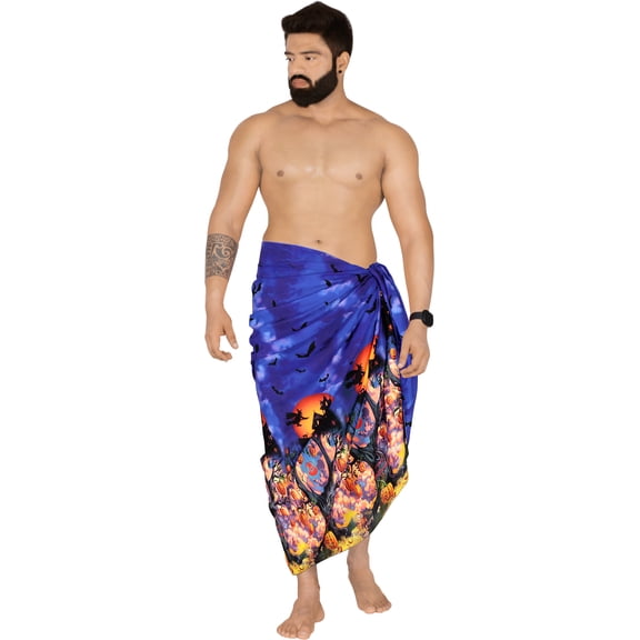 LA LEELA Men's Pareo Halloween Costumes Scary Pumpkin Swim Trunks Swimwear Cover Up Beach Wrap Summer Sarong for Men One Size Haunted Tree, Night Blue
