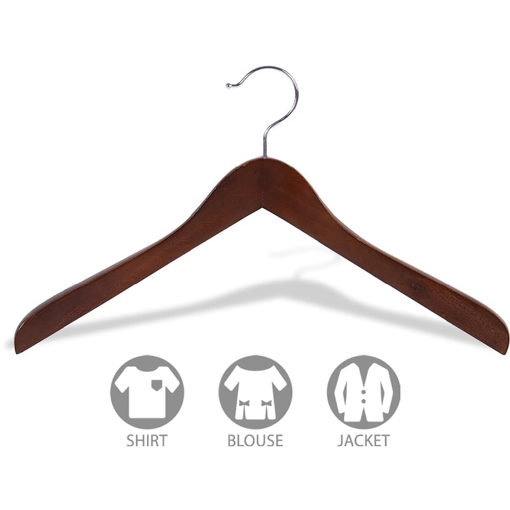 Concave Wooden Top Hanger with Walnut Finish, (Box of 12) Curved 1 Inch Thick Coat Hangers w/ Chrome Swivel Hook for Jackets, Fine Shirts, or Coats by International Hanger