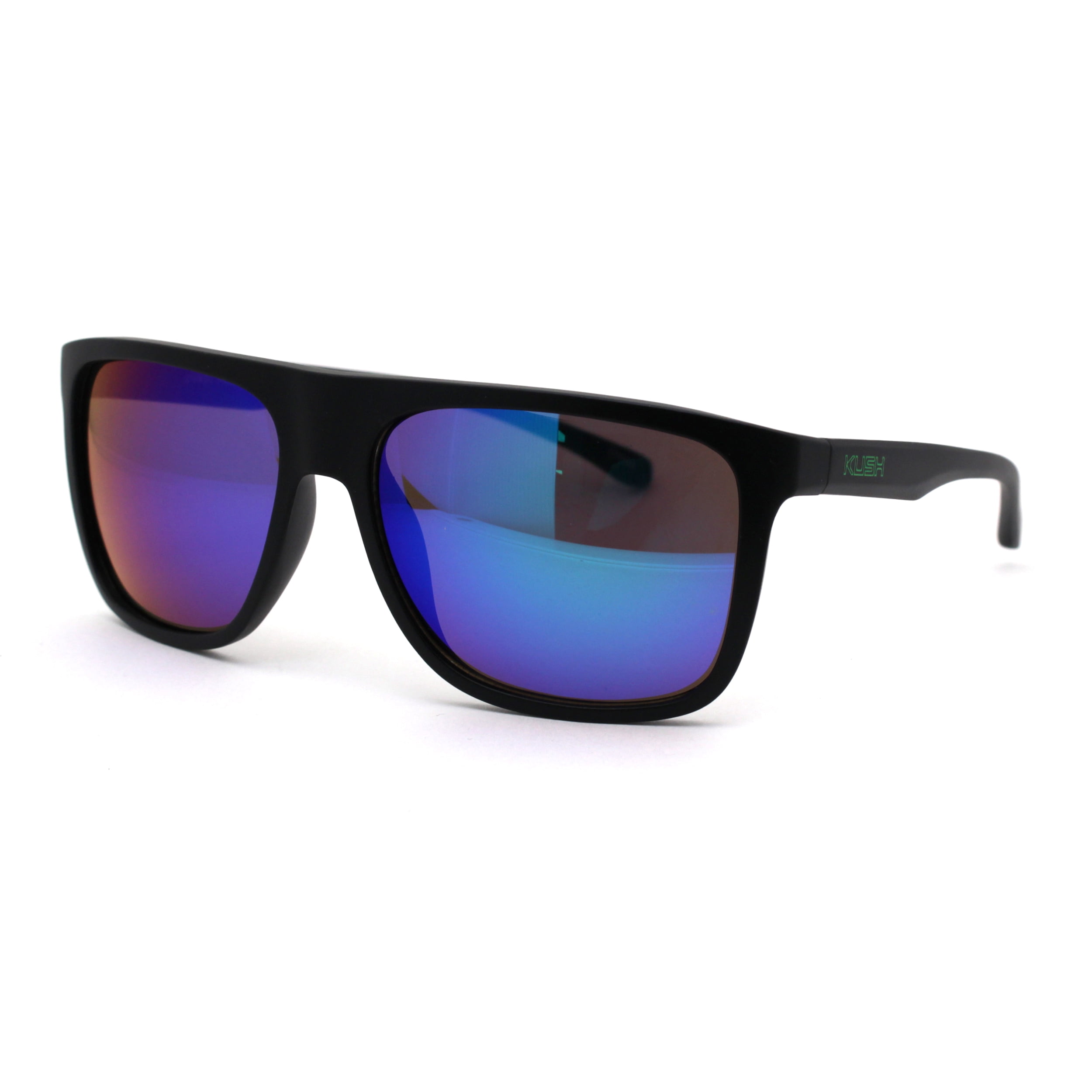 Kush Mirror Lens Sport Flat Top Mob Rectangular Sunglasses Matte Black Green Teal Mirror