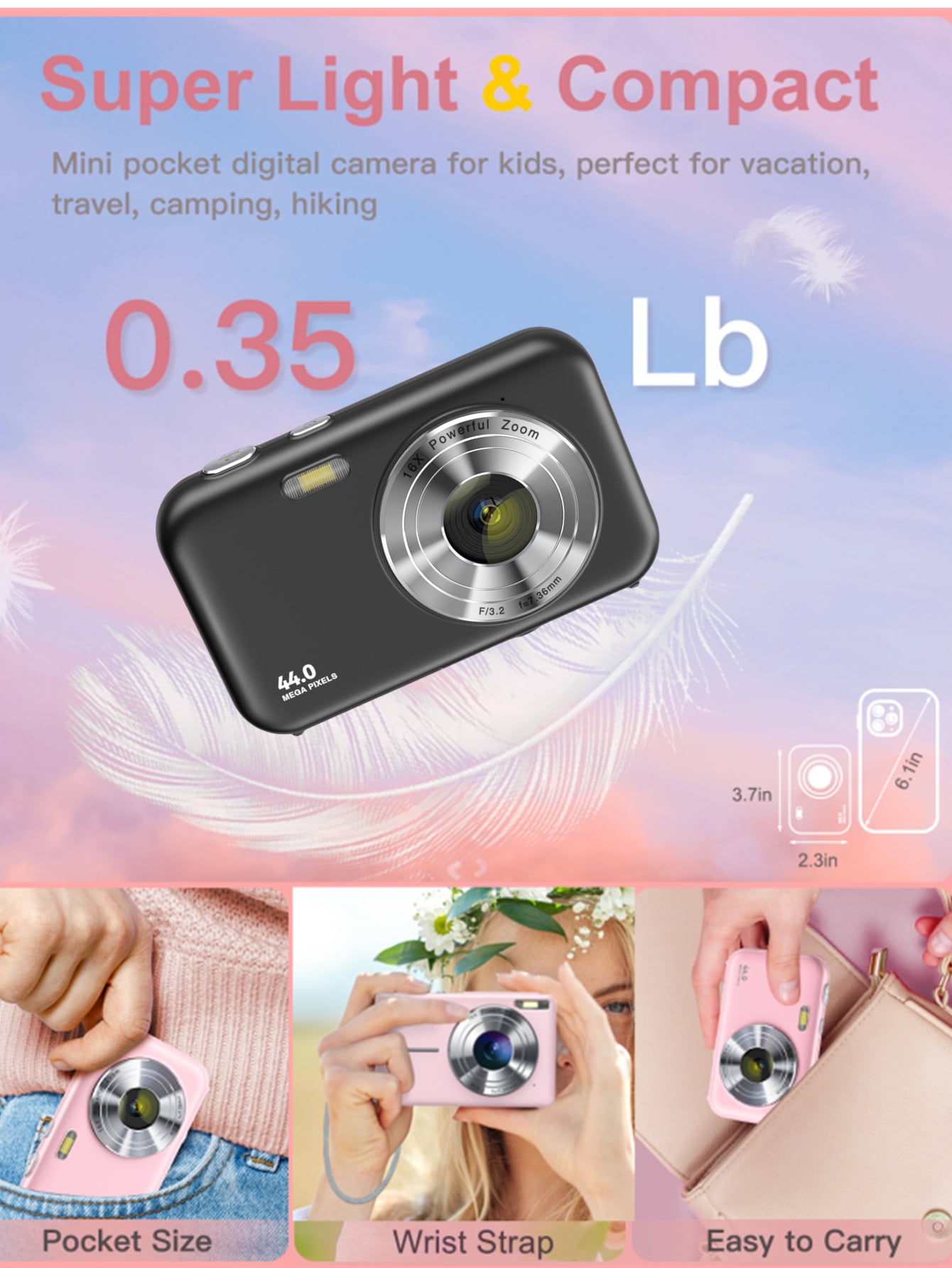 Digital Camera Newest 1080P Digital Camera for Kids with 32GB Card Anti-Shake, Portable Point and Shoot Camera Fill Flash 16X Zoom, Small Camera