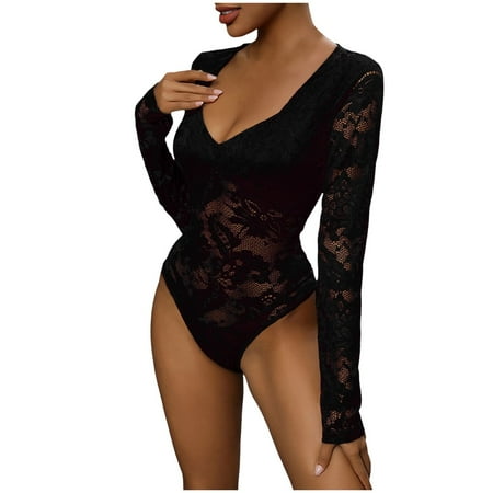 Fsqjgq Jumpsuits for Women Black Playsuit Fashion Plus Size Summer Outfits Deep V Neck Long Sleeve Bodysuit Tight Jumpsuit Mesh Lace Stitching Hollow Out Playsuit Workout Sets Inner Jumpsuit Out S