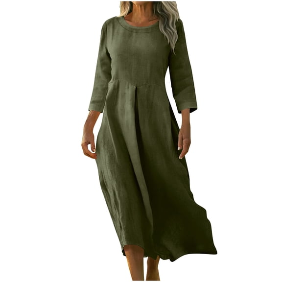 Plus Size Beach Dresses for Womens 2026 Summer Fashion Cotton and Linen Loose Pocket Quarter Sleeve Long Dress