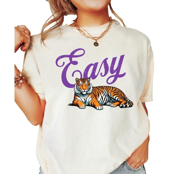 Easy Tiger Shirt for Women & Teens Funny Purple Easy Text with Tiger Graphic Tee Ivory Shirt Adult Medium