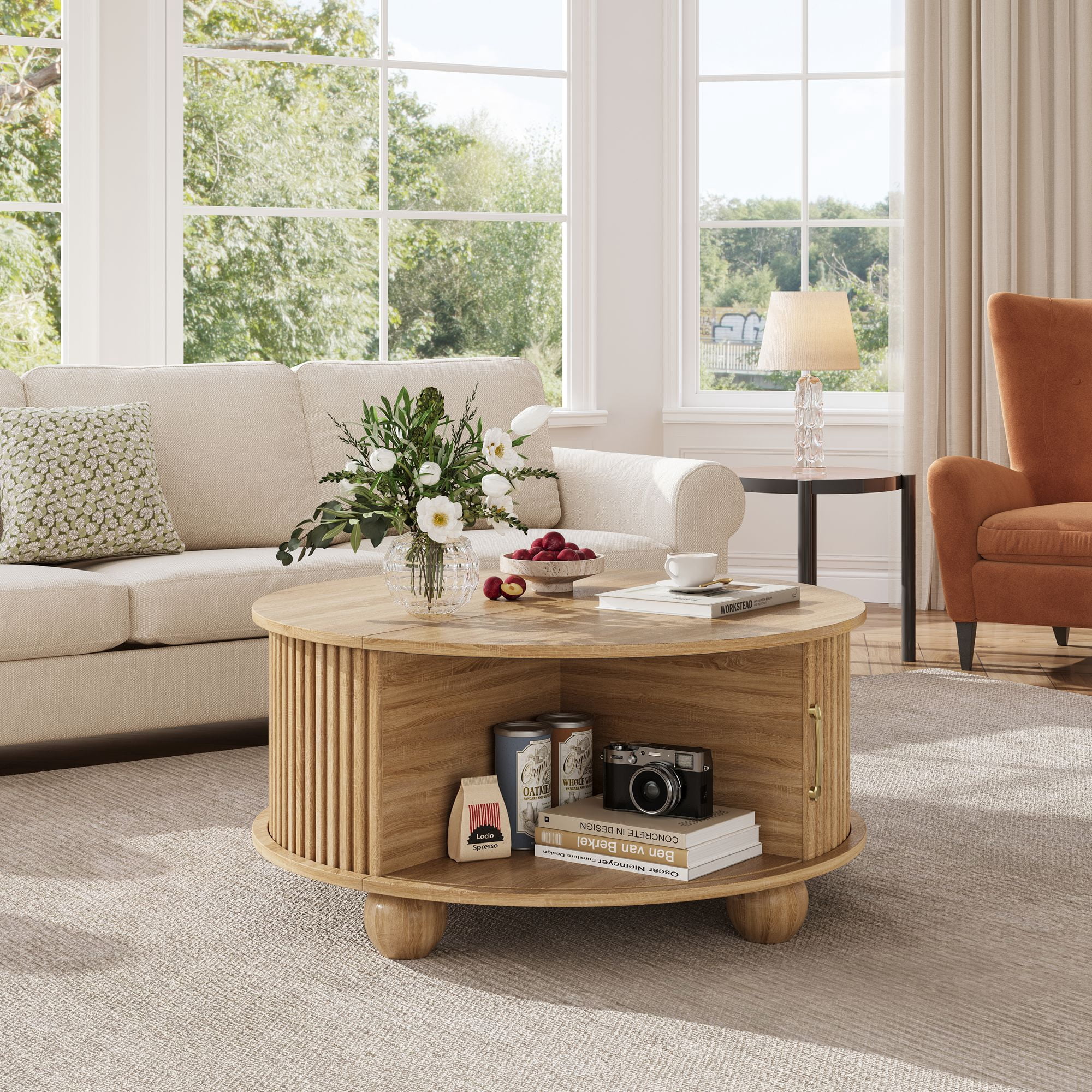 Round Coffee Table with Storage, Accent Fluted Drum Coffee Table with Sliding Door, Mid Century Modern Table for Living Room, Farmhouse Coffee Table for Small Space
