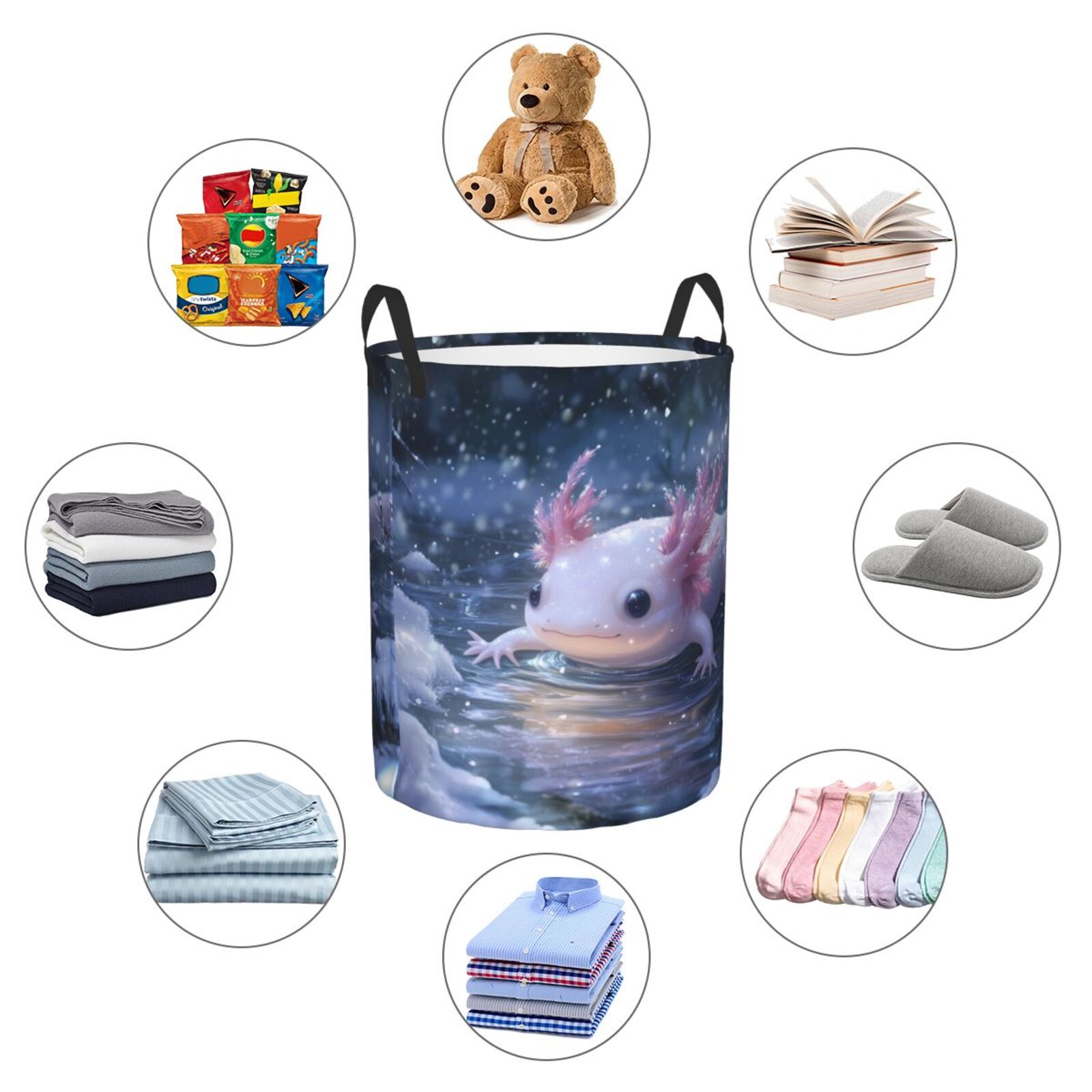 Large Laundry Basket with Handles - Winter Axolotl in Frozen Pond Kids Baby Dirty Clothes Laundry Hamper for Bedroom Aesthetic