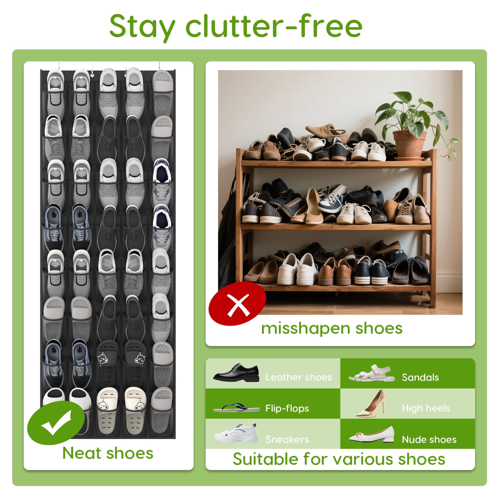 Over the Door Shoe Organizer with 40 Pockets, 18 Travel Shoe Bags & 1 Washing Bag, Hanging Shoe Rack with Breathable Mesh