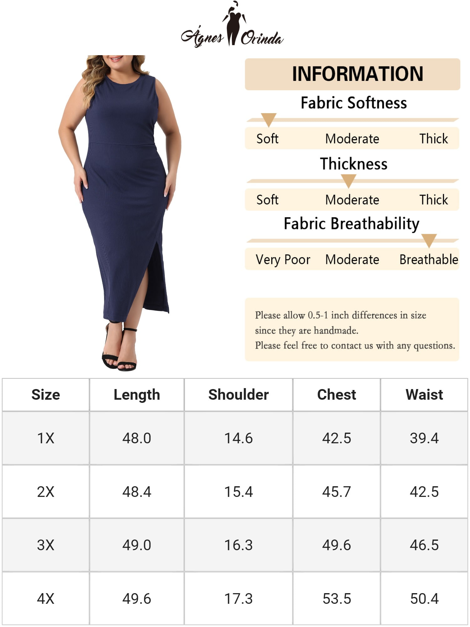 Unique Bargains Women's Plus Size Elegant Knit Slit Tank Midi Ruched Bodycon Dresses 3X Navy Blue