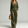 thumbnail image 3 of WULMLEO Womens Linen 2 Piece Sets Boho Wrap Cross V Neck Long Sleeve Top Wide Leg Pants Suits Casual Y2k Outfits Fall Travel Set with Pockets Army Green L, 3 of 8