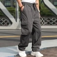 thumbnail image 3 of Ptetnvg Men Sweatpants Men Cargo Pants Multi Pockets Drawstring Elastic Waist Solid Color Loose Wide Leg Straight Soft Streetwear Full Length Men Long, 3 of 10