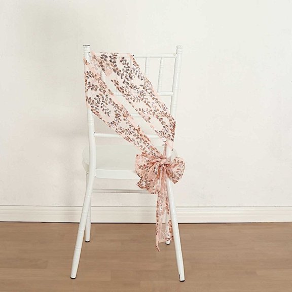 BalsaCircle 5 Rose Gold Tulle Chair Sashes with Leaf Vine Embroidered Sequin Wedding Party Events Reception Decorations Supplies