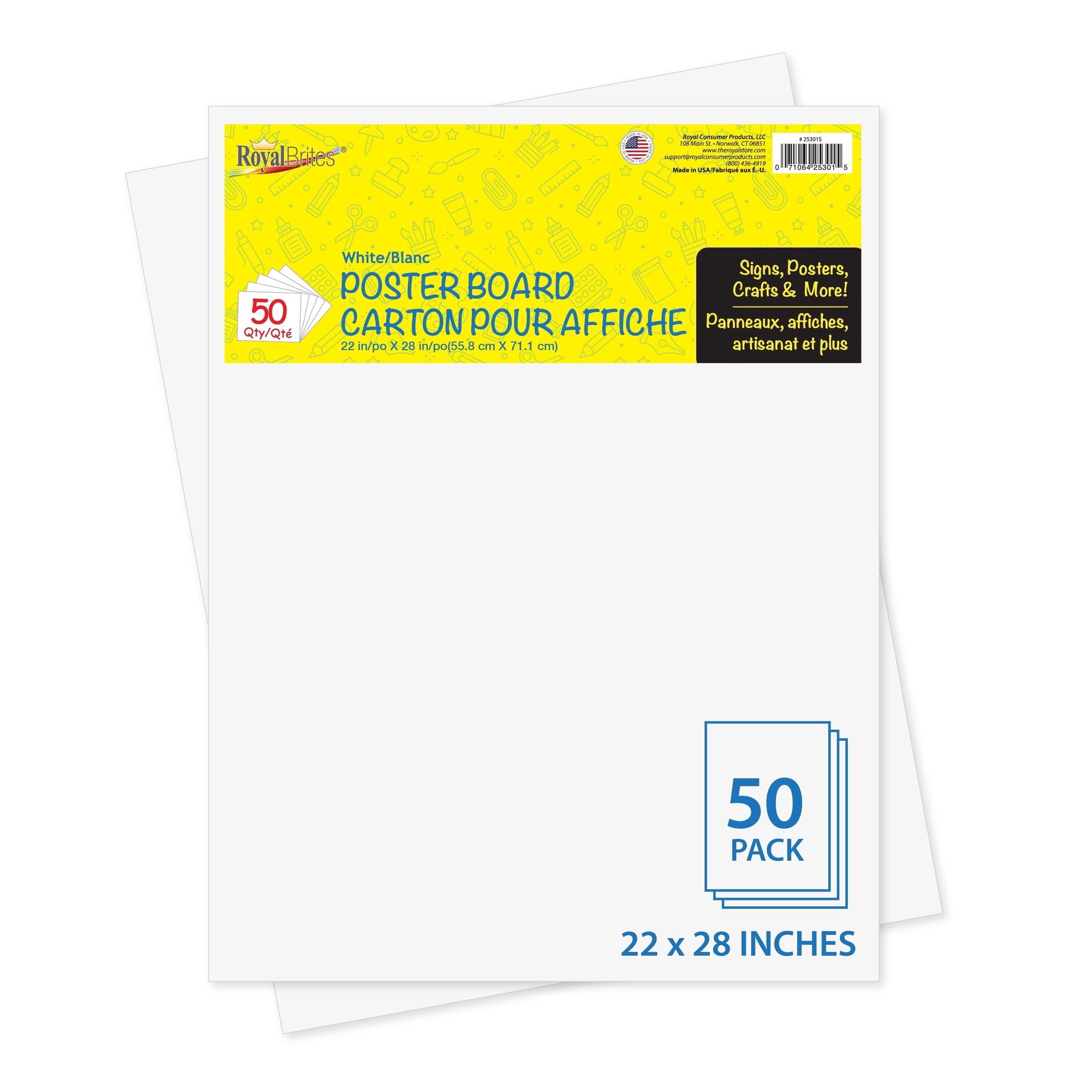 Royal Brites Poster Board, Premium 2-Sided Water & Fade Resistant, White Poster Board, 50 Count, 22x28