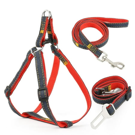 Collars Harnesses Leashes (Magicfly Dog Leash Harness Adjustable & Pet Dog Car Seatbelt Harness Set Durable Leash Set Denim Dog Leash Collar Red)