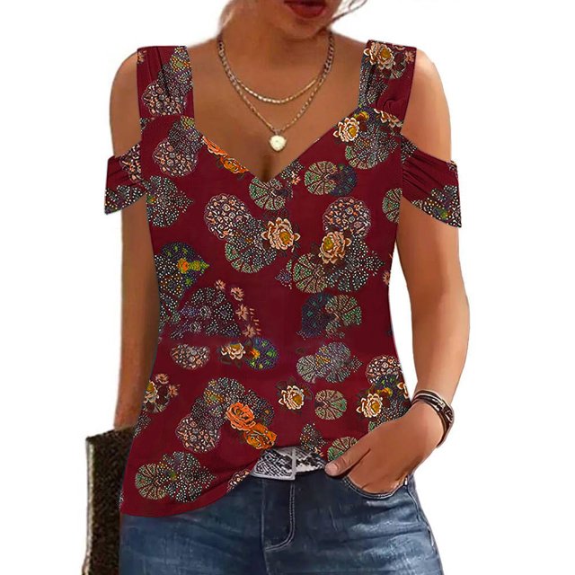 Fiudx Tops para Mujer Blusas Plegables con Cuello En V para Mujer, Camisas con Hombros Descubiertos, Top de Manga Corta Estampado