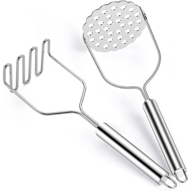 Triturador de patatas, paquete de 2 trituradores integrados de acero inoxidable, herramienta de cocina, triturador de alimentos para patatas, verduras, bayas, frutas, alimentos para bebés, aguaca