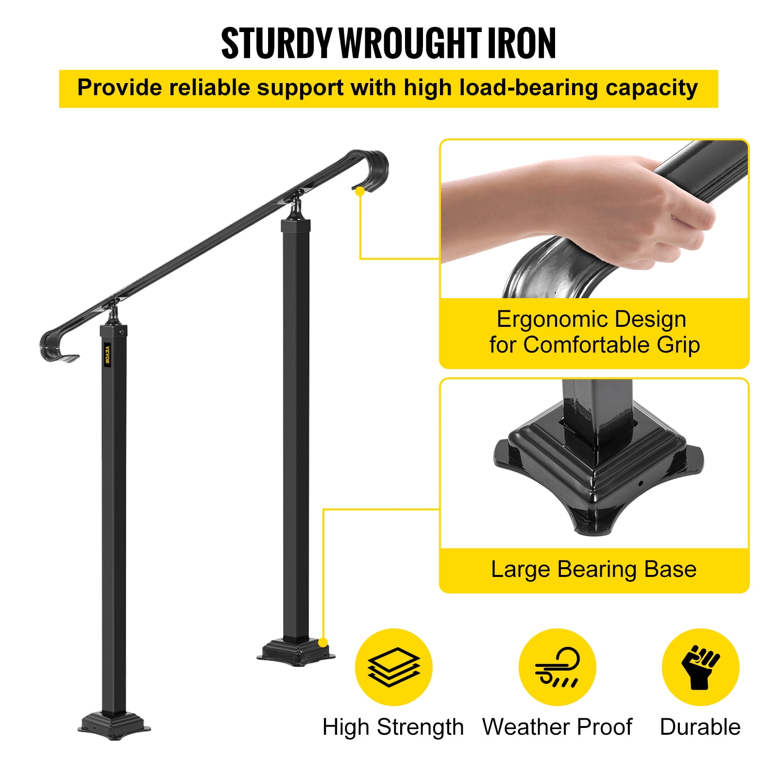 BENTISM Handrail for Stairs Fit 1 or 2 Steps Wrought Iron Handrail,Outdoor Stair Railing, Height Adjustable Front Porch Hand Rail, Black