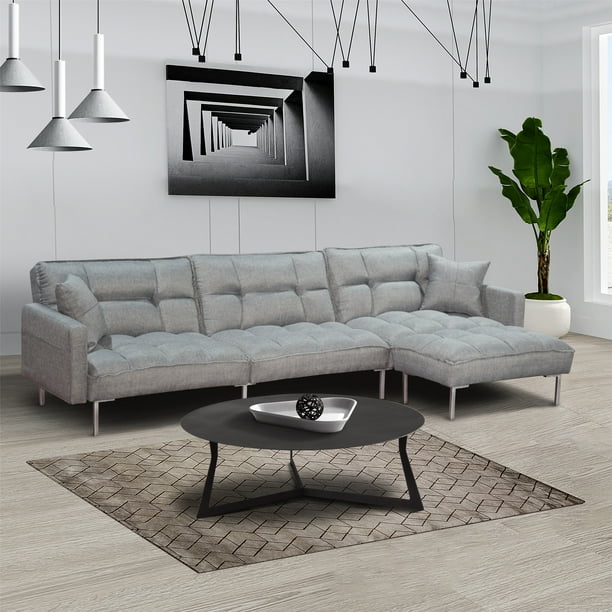 L Shaped Sectional Sofa Sleeper With Reversible Ottoman 2 Pillows Modern Fabric Bedroom Furniture Couch Metal Legs For Living Room Gray Com L Shaped Sectional Sofa Sleeper With, Light Blue Sectional Sofa Sleeper