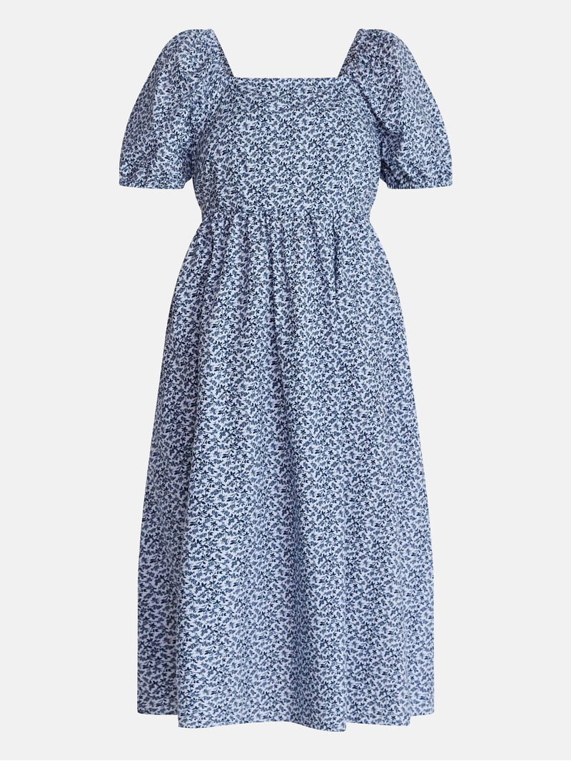 Time and Tru Women's Tie Back Cotton Midi Dress with Short Puff Sleeves,  Sizes XS-XXXL - Walmart.com