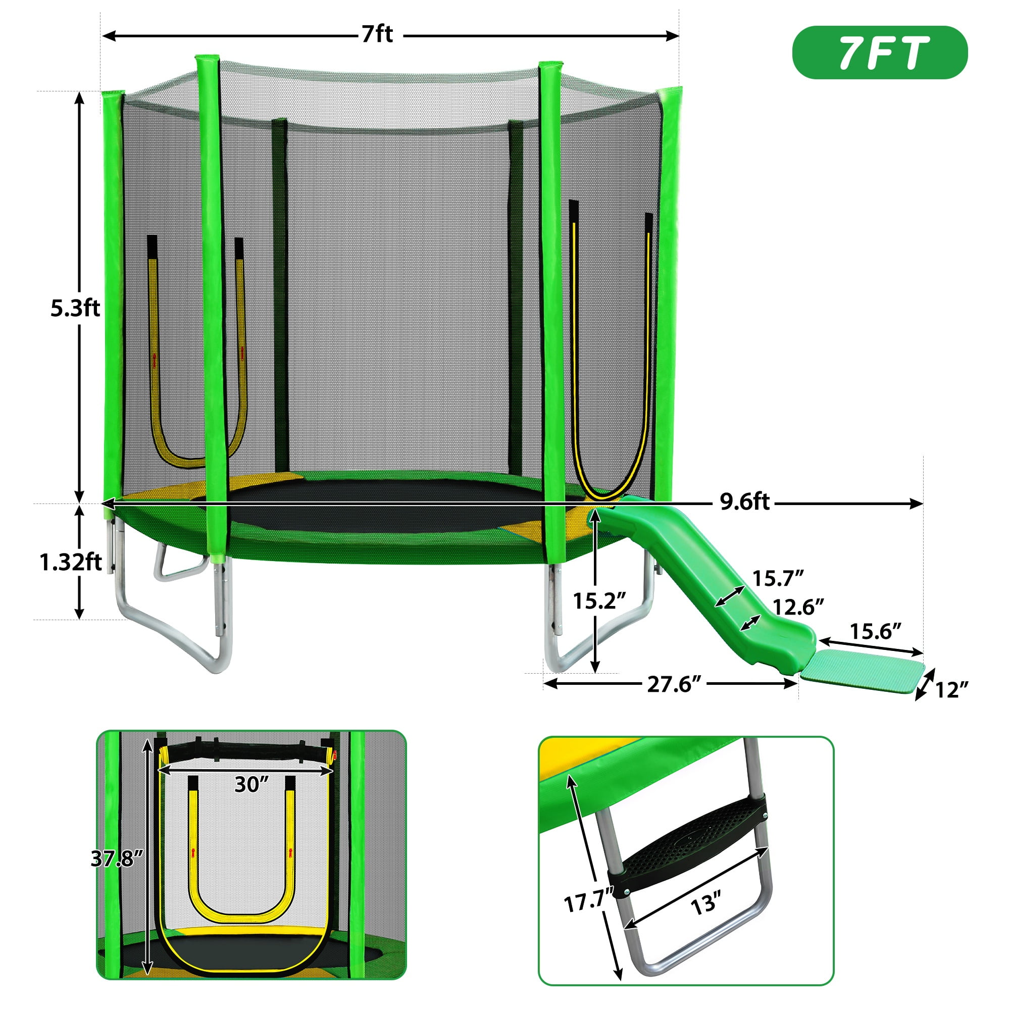 7FT Trampoline for Kids with Safety Enclosure Net, SEGMART Toddler Trampoline with Removable Slide, Upgrade Recreational Trampoline with Jumping Mat for Indoor Outdoor Backyard, Green