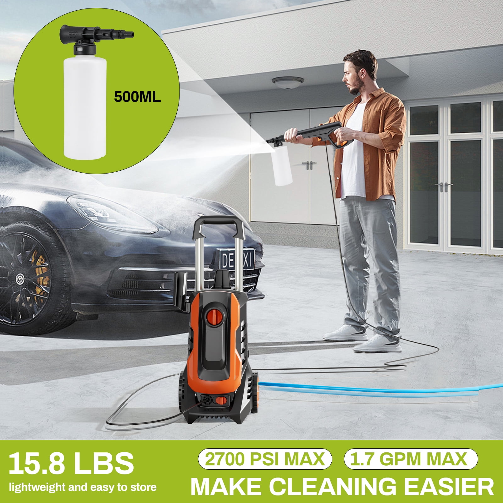 Pirecart Electric Pressure Washer 2700 PSI 1.7 GPM with Telescopic Handle, 4 Nozzles, Foam Cannon, 23ft Outlet Hose, High Pressure Washer for Cars, Decks, Driveways, Home, Patios.