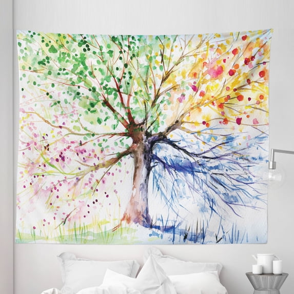 Tree Tapestry, Watercolor Nature Colorful Blooming Branches 4 Seasons Themed Illustration Print, Fabric Wall Hanging Decor for Bedroom Living Room Dorm, 5 Sizes, Multicolor, by Ambesonne