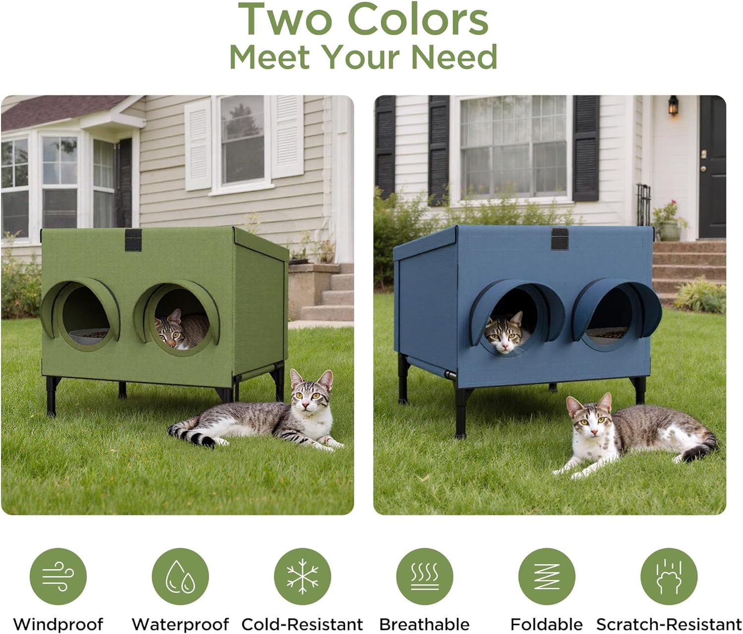 Outdoor Cat Feeding Station – Waterproof Dining Shelter for Feral & Community Cats, Insulated Roof & Walls, Dual-Feed Hole Design, Connects to Cat House – Green, 16"×12"×15.5"