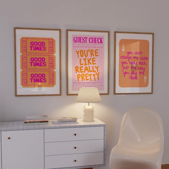 Pink and Orange Prints Girly Wall Decor Dorm Bedroom Aesthetic Art Set 3 Unframed Paper Print 8x12