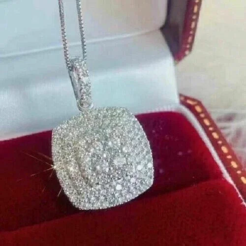 2.00Ct Round Cut Lab Created Diamond Cluster Pendant in 14K White Gold Plated Free Chain