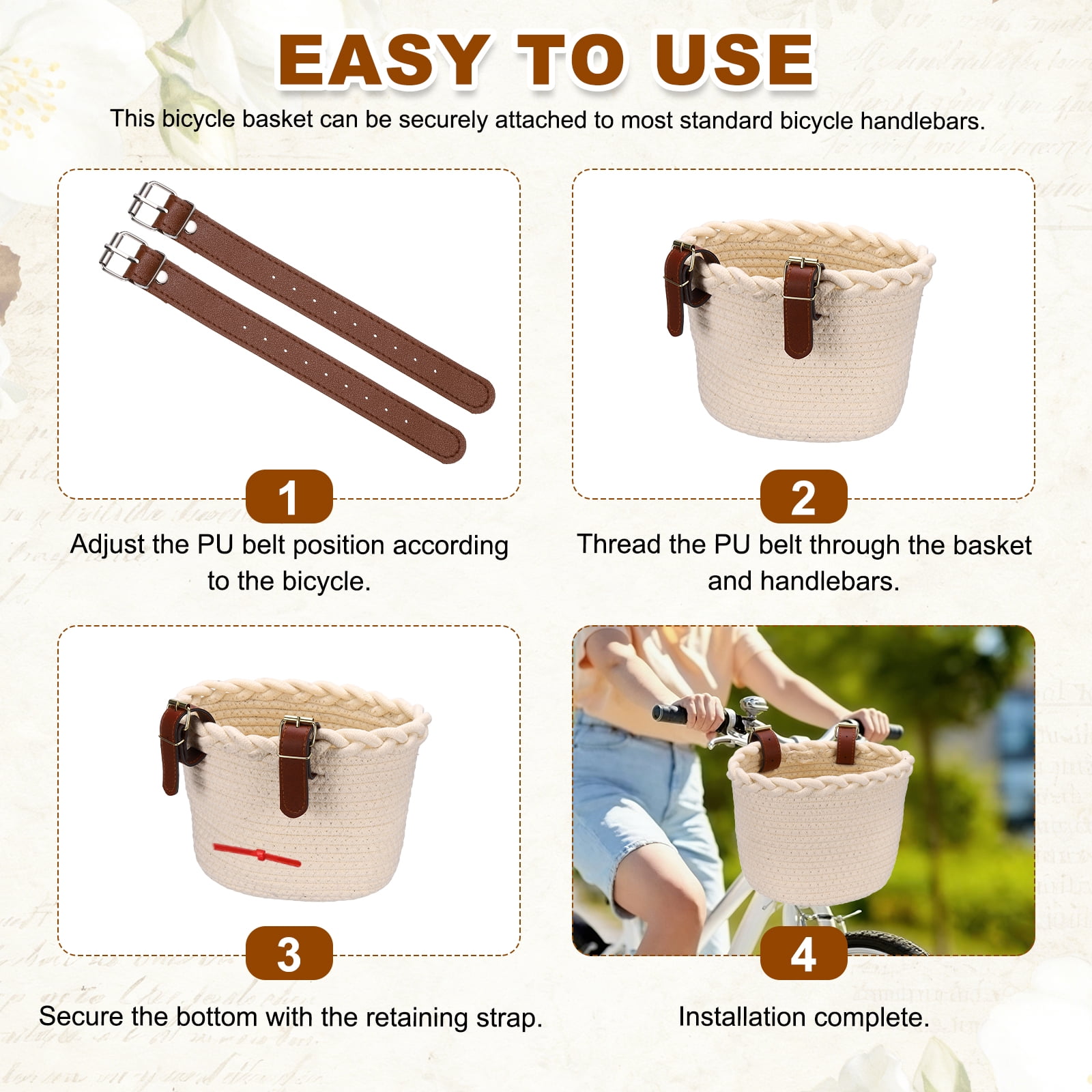 Uxcell Bike Basket, Cotton Rope Bicycle Basket Adjustable Front Baskets with 2 Leather Belt Buckles Unisex Strong Load 8.8 x 6.7 x 6.5" & Beige-Fitting For(Bikes/Tricycle/Scooters)