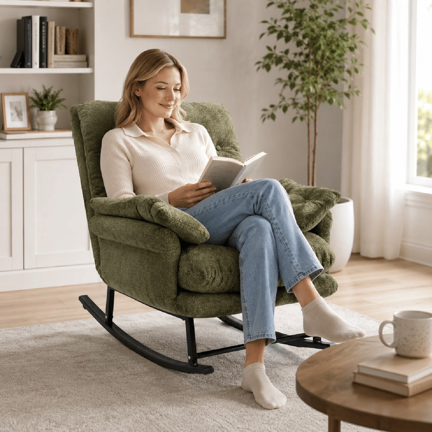 Papasan Rocking Chair with Thickened Cushion, Solid Wood Curved Rocking Base, Soft Corduroy Upholstery, Padded Armrests, Reading Lounge for Living Room, Bedroom, Nursery, Porch