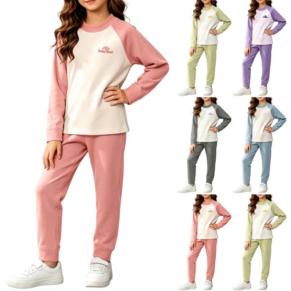 YUANxueke Girls 2-Piece Fleece Outfit Sets Color Block Long Sleeve Crewneck Top & Cuffed Pant Casual Thermal Loungewear