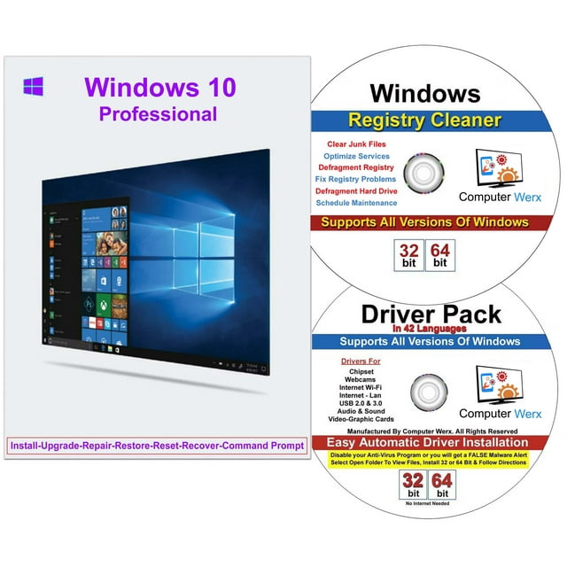 Windows 10 Pro 32/64 Bit with Key Install Repair Recover Restore DVD Plus Windows Drivers & Registry Cleaner, 3 PK