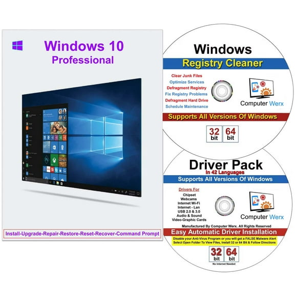 Windows 10 Pro 32/64 Bit with Key Install Repair Recover Restore DVD Plus Windows Drivers & Registry Cleaner, 3 PK