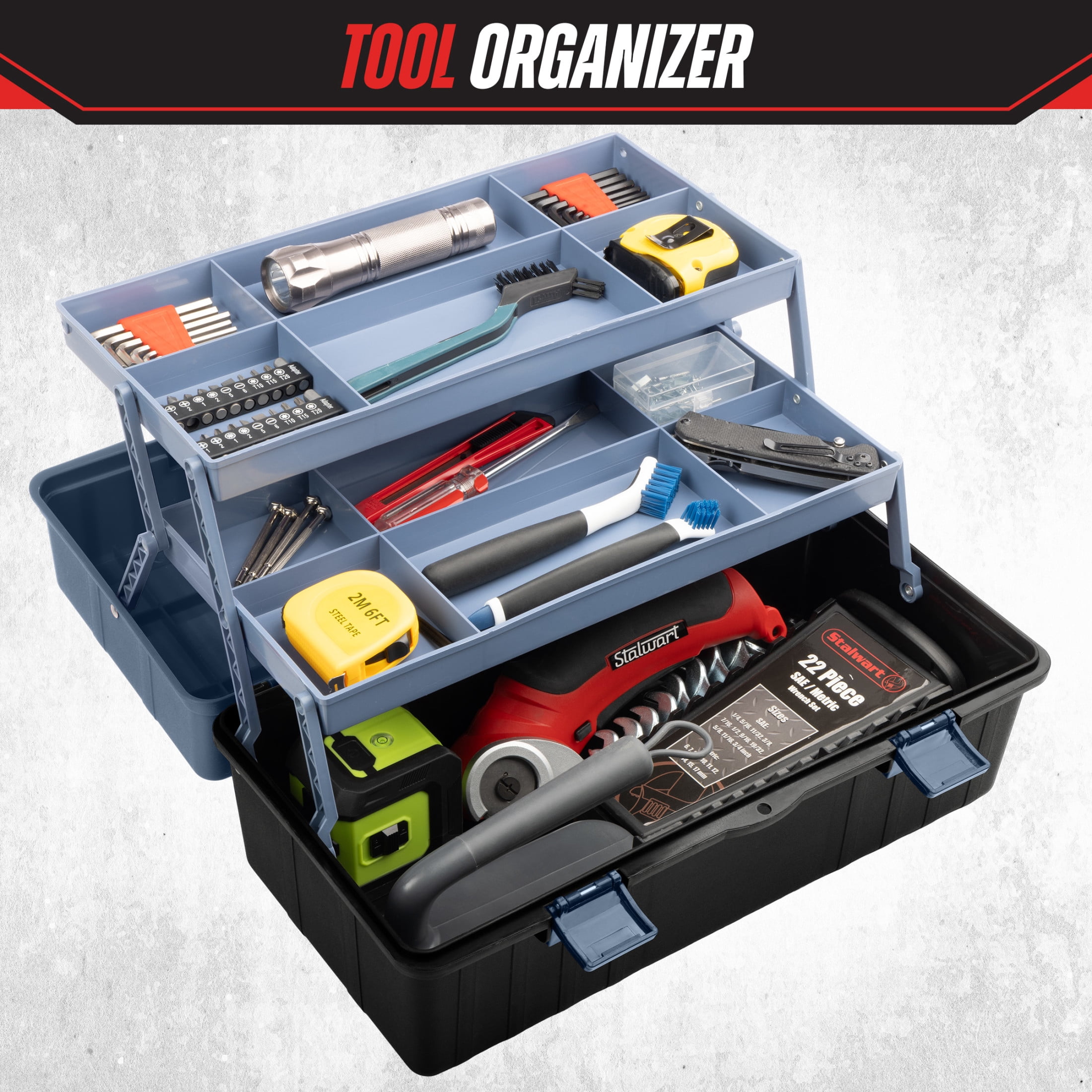 Stalwart Plastic Tool Box Organizer - 15.94in 3-Tier Portable Toolbox or Tackle Box Organizer, Gray