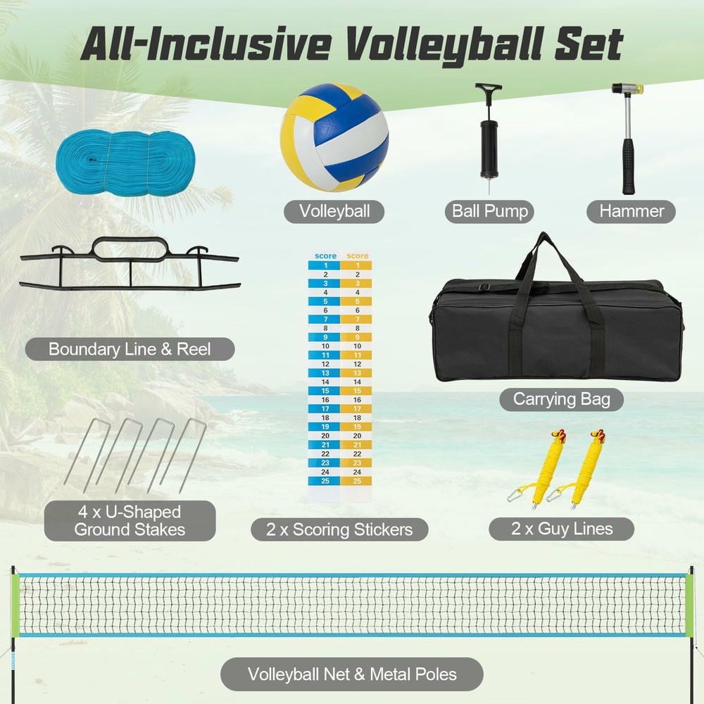 Barara King Green Heavy-Duty Portable Volleyball Net Set for Outdoor Beach, Backyard & Lawn Games | Includes Professional-Grade Equipment