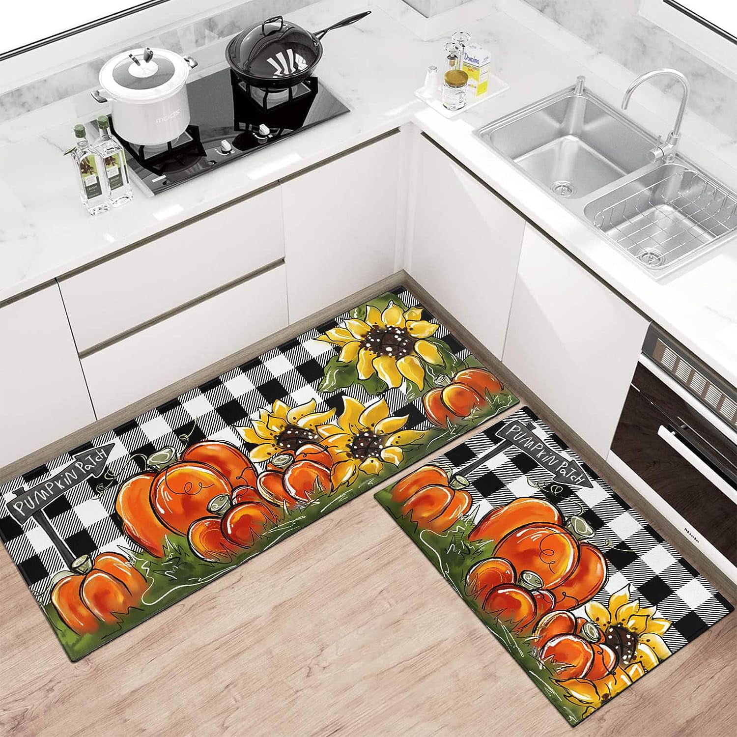 Fall Kitchen Rugs Set of 2,Pumpkin Patch Sunflower Thanksgiving