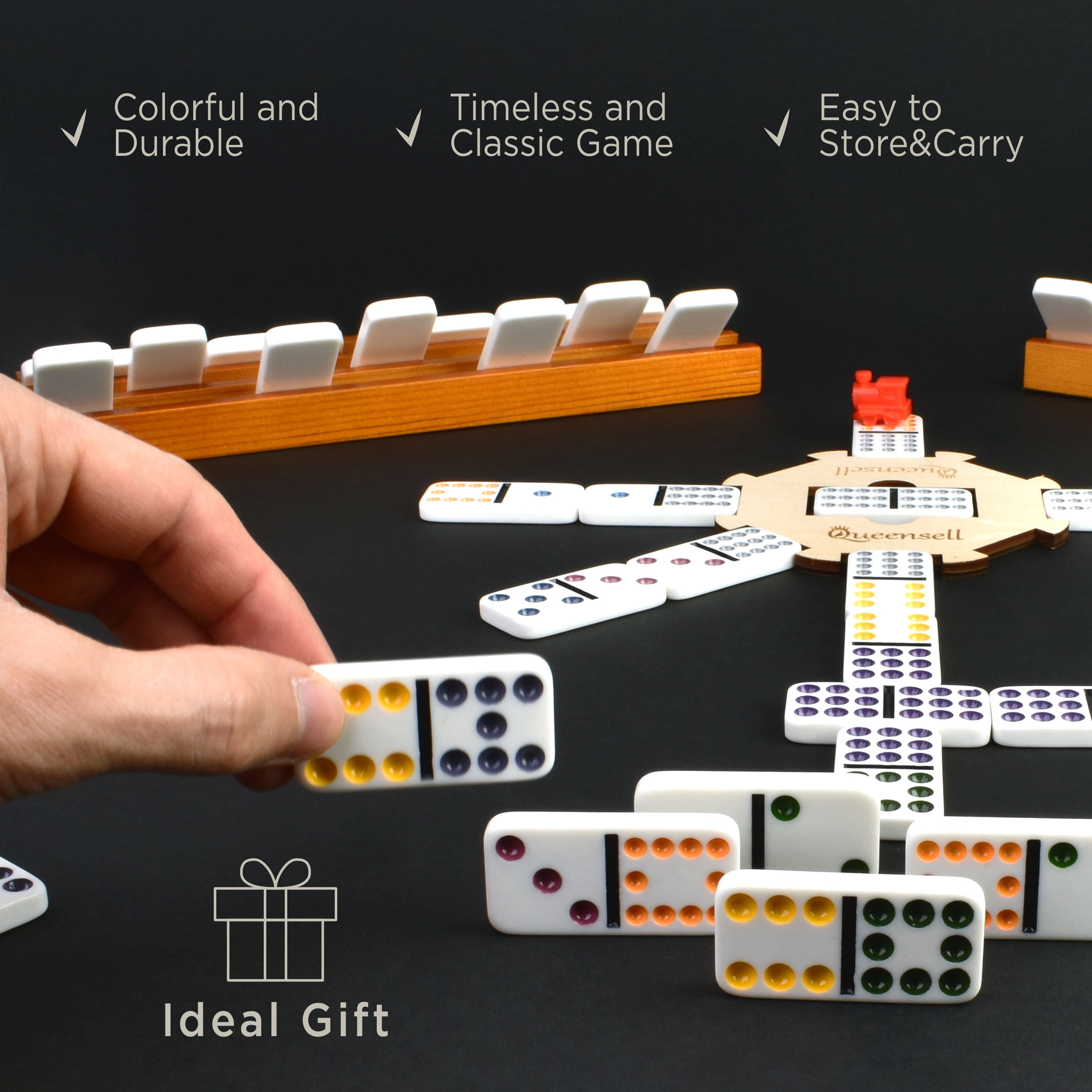 Mexican Train Dominoes Set with Wooden Hub, Domino Tile Board Games - Double 12 Dominos Set for Family Game Night for Adults and Kids Ages 8 and up (Double 12)
