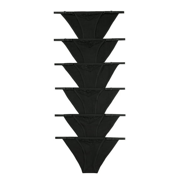 Nabtos Women’s Cotton Panties Black Set Floral Lace Adjustable Strap String Bikini Underwear Low Rise Hi Cut Cheeky Panties Pack 6