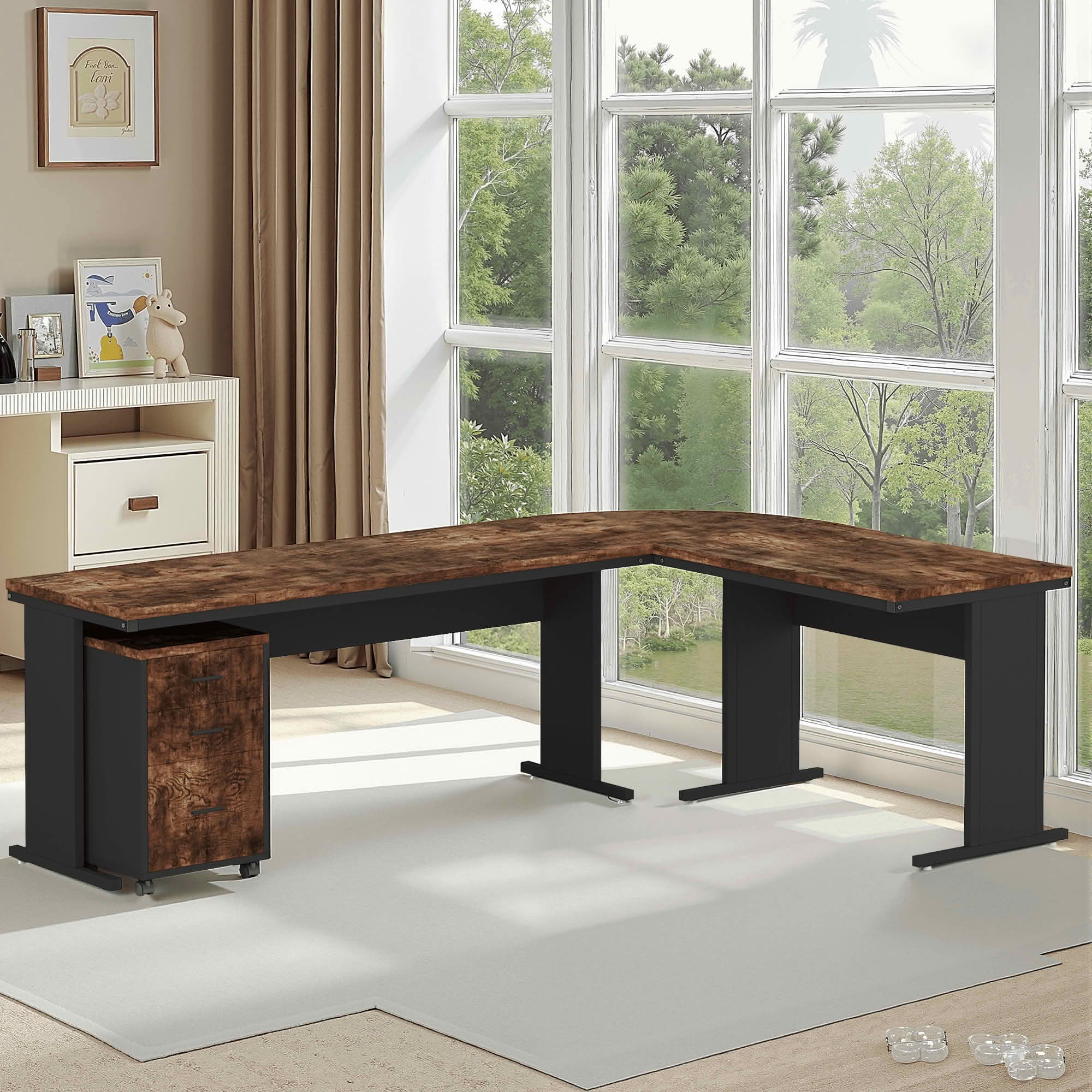 MAYEERTY 83 Inch Reversible Industrial L-Shaped Executive Corner Desk with Mobile 3-Drawer File Cabinet, Rustic Brown Particleboard Black Steel Frame Workstation for Home Office