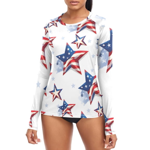 Stars with Flag Pattern Women's Rash Guard Shirts UPF 50 Sun Protection Clothing Long Sleeve Swim Suits XS