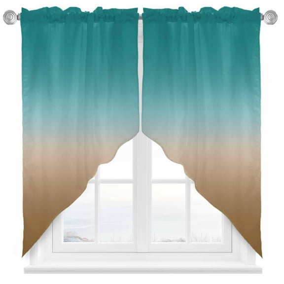 Brown Cyan Swag Valances for Windows 2 Pack Turquoise Gradient Swag Kitchen Curtains 36 Inches Long Rod Pocket Short Window Treatment for Kitchen Bathroom 28"x36"
