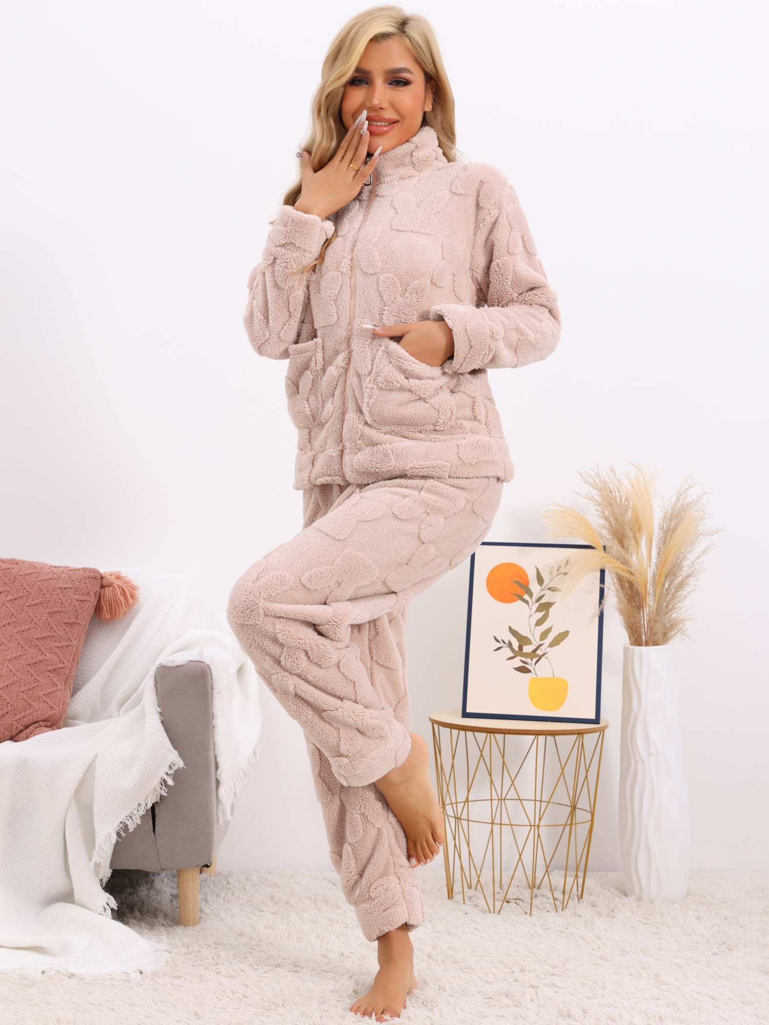 DARING DIVA Women's Flannel Soft Winter Warm Pajama Lounge Set Set with Pockets Pink XS