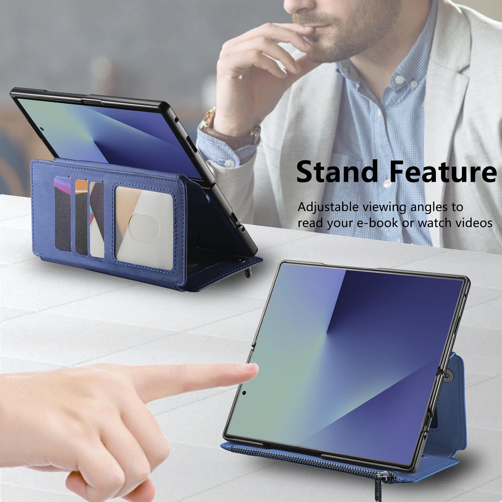 Allytechgroup for Samsung Galaxy Z Fold 3 Flip Case, Support Wireless Charging Anti-Scratch Built-in Grip Ring Shock-Absorbent PU Leather Protective Cover for Samsung Galaxy Z Fold 3, Blue