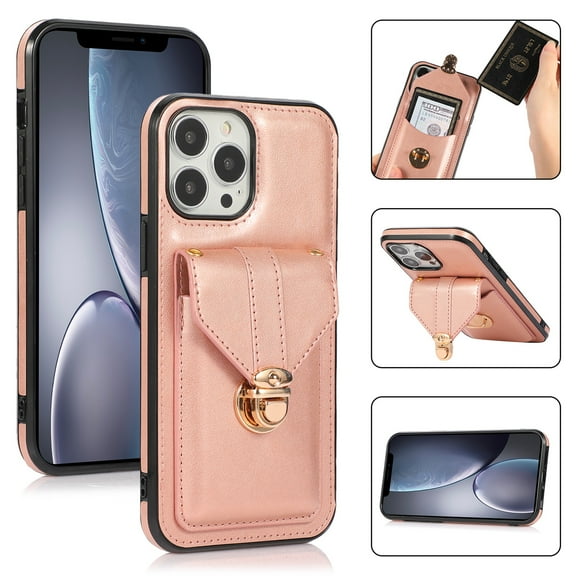 Nalacover Wallet Case for iPhone 15 Pro Crossbody with Lanyard, Elegant PU Leather Shoulder Strap Case with Credit Card Holder, Full Protection Metal Buckle Shockproof Phone Case, Rosegold