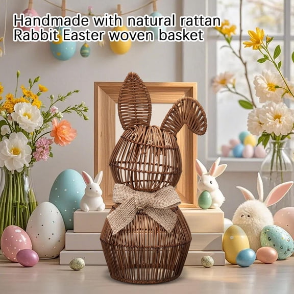 Rattan Bunny with Bow Easter Decor 12" Table Rabbit Easter Decorations Spring Bunnies Decoration Statue Figurine Rattan Bunny Decor for Home Farmhouse Table Kitchen