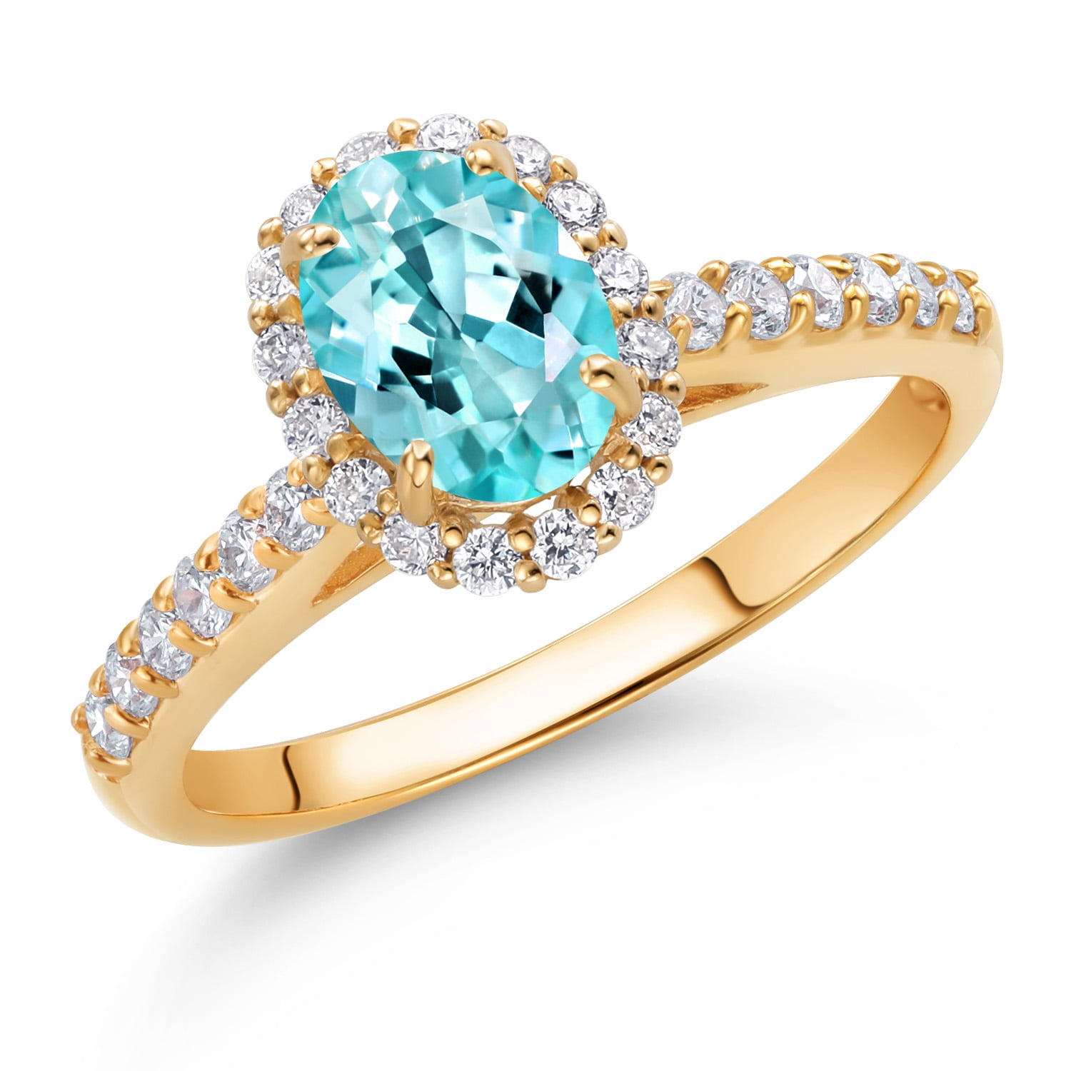 Gem Stone King 10K Yellow Gold Blue Apatite and White Lab Grown Diamond Halo Engagement Ring for Women (1.13 Cttw, Gemstone, Oval 7X5MM)