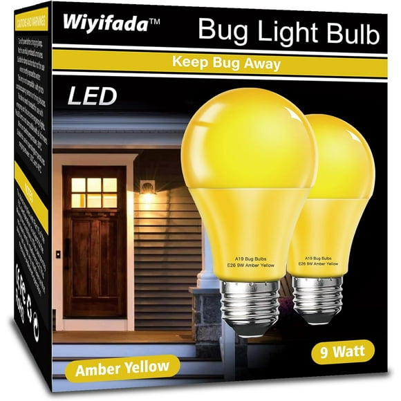 shiyou-LED Bug Light Bulbs Outdoor 2 Pack, 9W Amber Light Bulbs, 100W Equivalent, A19 Amber Bug Lights for Outside, Bedroom, Hallway Porch Light,Warm Light Bulb