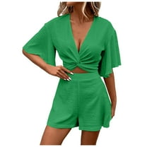 vigerkar Women's 2 Piece Summer Outfits Twist Front Short Flutter Sleeve Crop Top and Shorts Set Green, M