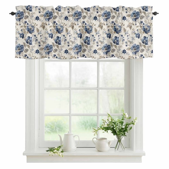 Blue Floral Window Valance for Kitchen Bathroom Laundry Room, 54 x 18 Inch Rod Pocket Short Curtain, 1 Panel