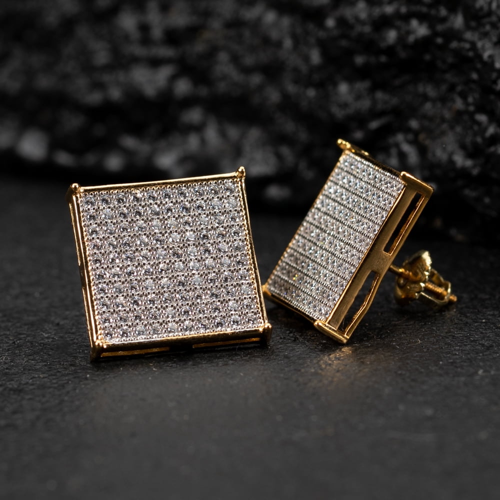 Men's Large Square Flat Screen Hip Hop Two Tone Yellow Gold 925 Sterling Silver Screw Back Stud Earrings